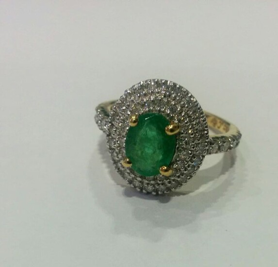 18 kt. Yellow gold - Ring - 1.12 ct Emerald - Diamonds