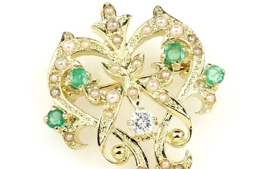 18 kt gold brooch with emeralds and brilliant...