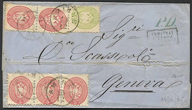 1865, Levante austriaco, lettera da Smirne per Genova del 15 dicembre 1865