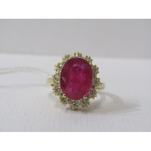 18ct YELLOW GOLD RUBY & DIAMOND CLUSTER RING, principal oval...