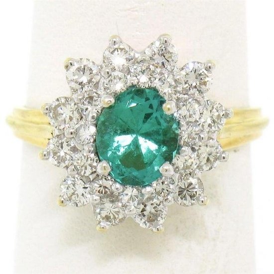 18k Yellow Gold 1.83 ctw Oval Colombian Emerald Solitaire Dual Diamond Halo Ring