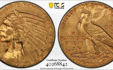 1913 INDIAN HEAD HALF EAGLE $5 GOLD PCGS MS 62 UNC - ERROR STRUCK THRU REV (842)