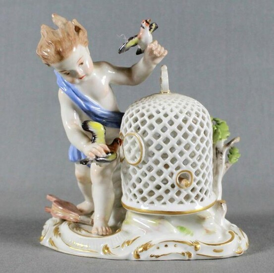 19Th C. Meissen Porcelain Firgure Of Boy With Bird Cage