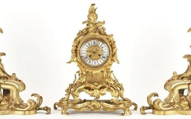 19th C. Pair Louis XV Style Bronze Chenets & French Rococo Style Bronze Clock