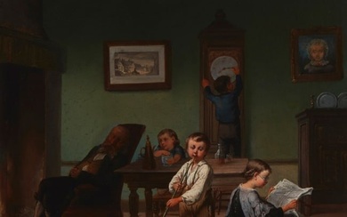 19th Century European School, Children playing in an interior, Oil on canvas laid to board, 22" H x