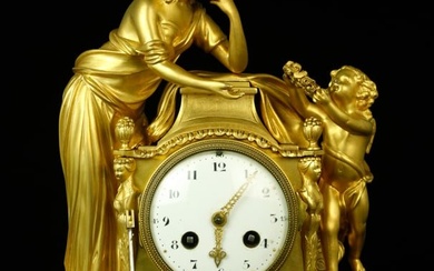 19th century French figural Dore bronze and marble mantel clock