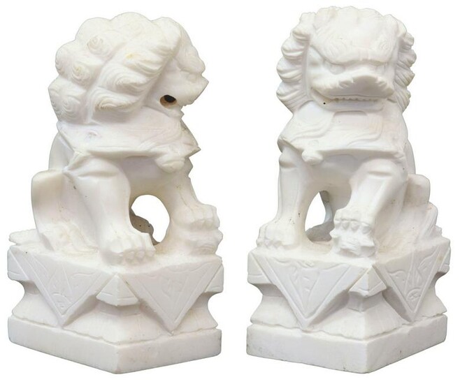 (2) CHINESE WHITE MARBLE FOO LIONS ON PEDESTALS