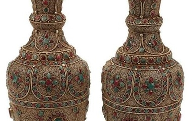 (2) EMERALD & RUBY MOUNTED SILVERED FILIGREE VASES