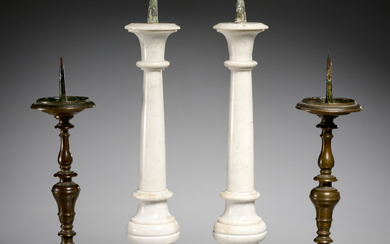 (2) Pairs Continental marble, bronze candlesticks