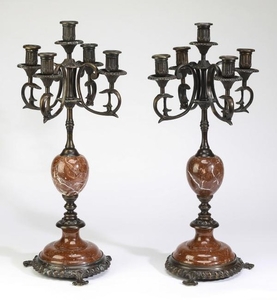 (2) Rouge marble & patinated bronze candelabra