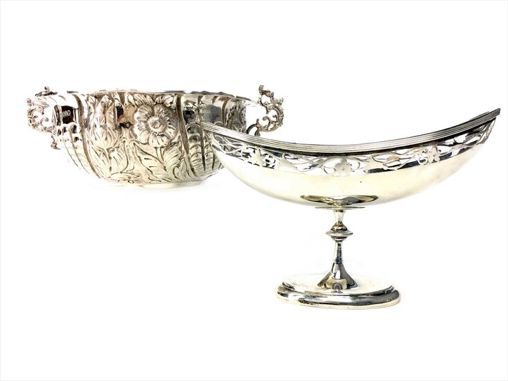 A VICTORIAN SILVER TWIN HANDLED BOWL ALONG WITH AN OPEN SALT