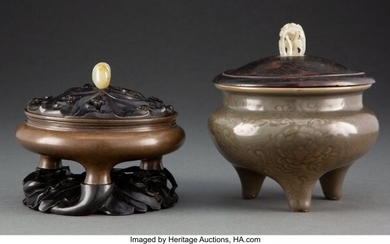 25033: Two Chinese Censers with Jade Finials Marks to b
