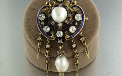 14 kt. Natural pearls, Yellow gold - Brooch, blue enamel - 4.00 ct Diamond