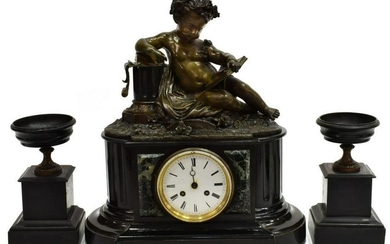 3) FRENCH BRONZE & MARBLE FIGURAL MANTEL CLOCK SET