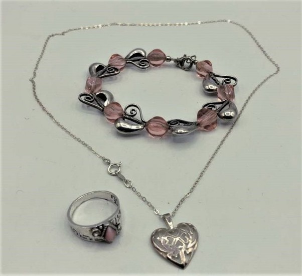 3 Pieces, Sterling Silver Necklace, Ring, Bracelet
