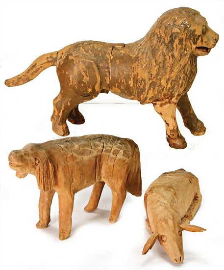 3 early animals, wood, carved, dog and lying sheep