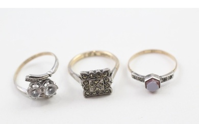 3 x 9ct gold and silver vintage marcasite, paste and agate s...