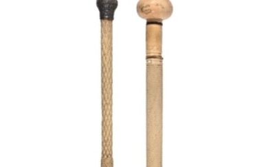 An Anglo-colonial silver mounted carved whalebone walking stick, late 19th century, and another similar whalebone walking stick