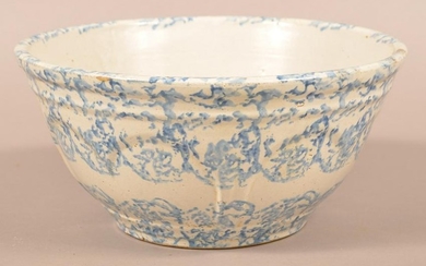 Blue Sponge Decorated Stoneware Mixing Bowl.