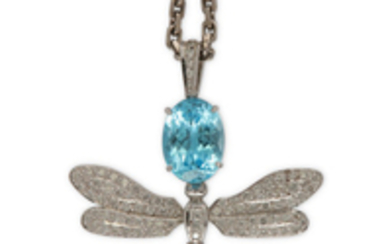 A blue topaz and diamond dragonfly pendant necklace...