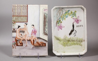 Chinese Erotic Porcelain Plaque; Artist Tea Tray