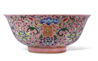 A CHINESE FAMILLE ROSE PINK-GROUND 'WEDDING' BOWL.