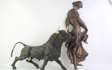 A Composite Bull Figure (L 65cm H 30cm) Together with A Matador Wall Hanging (H 70cm)