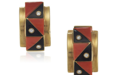 CORAL, ONYX AND DIAMOND EARRINGS