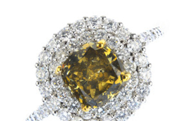 A Fancy Dark Brown-Greenish Yellow diamond and diamond cluster ring. View more details