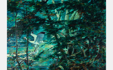 Frederick Widlicka, (American, 1907-1994) - Adirondack Forest Scene with Heron