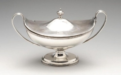 A George III silver sauce tureen and cover, the oval