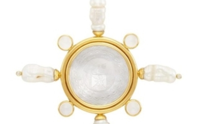 Gold, Carved Mother-of-Pearl, Freshwater Pearl, Moonstone and Diamond Clip-Brooch, Elizabeth Locke