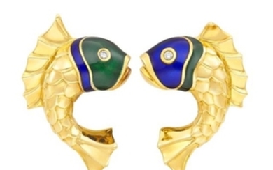 Pair of Gold, Enamel and Diamond Fish Earclips, Judith Leiber