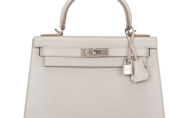 Hermès Gris Perle Sellier Kelly 28cm of Tadelakt Leather with Palladium Guilloche Hardware