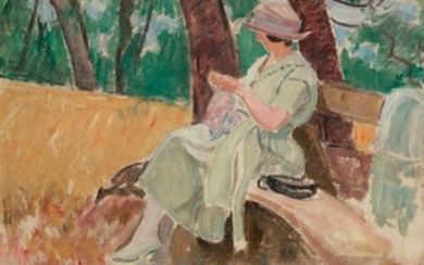 Jean PUY (1876 1960) Femme cousant sur un banc, 19…
