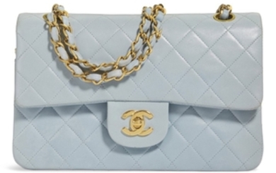 A LIGHT BLUE LAMBSKIN LEATHER SMALL DOUBLE FLAP BAG WITH GOLD HARDWARE, CHANEL, 1996