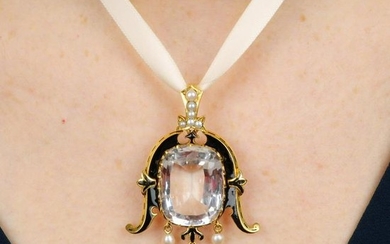 A light pink topaz, black enamel, pearl and split pearl