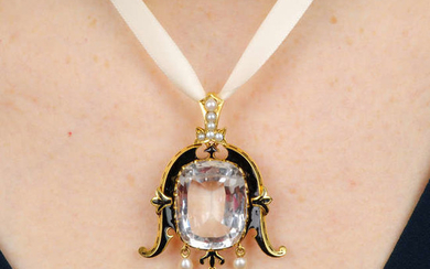 A light pink topaz, enamel, pearl and split pearl pendant.