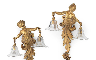 Made by Louis Kley (French 1833-1911) A pair of French late 19th/ early 20th century gilt bronze wall lights