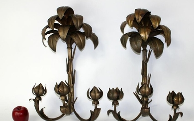 Pair of palm motif candle wall sconces