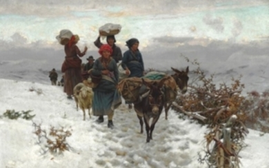 Stefano Bruzzi: Italian farmers crossing a mountain pass at winter time. Signed S. Bruzzi (in one word). Oil on canvas. 74 x 110 cm.