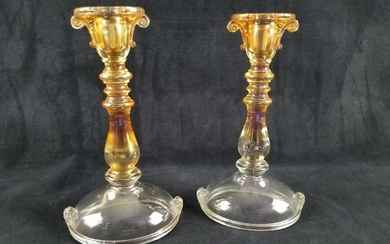 Pair of Vintage Translucent Amber Glass Candle Holders