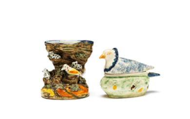 A creamware figure, a Prattware vase and a pigeon tureen and cover