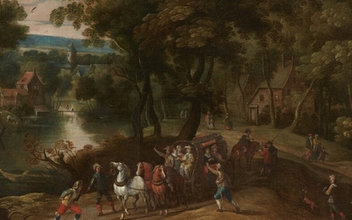 Flemish School 17th century - Carriage in a Village Landscape