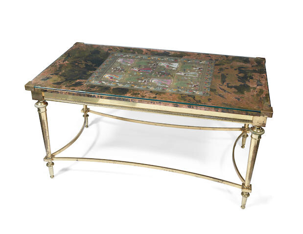 A mid 20th century French gilt brass and faux marbled coffee or cocktail table
