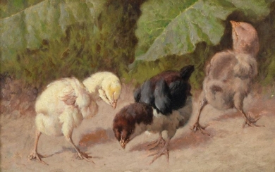 William Baptiste Baird (1847-1917) American Three chicks Signed, oil on...