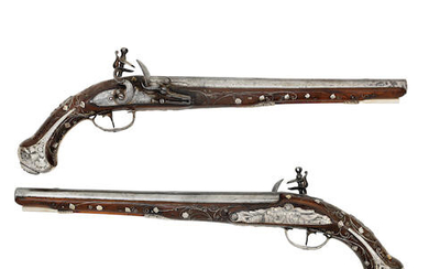 A Pair Of Turkish 18-Bore Flintlock Silver-Mounted Holster Pistols With French Export Barrels And Locks, The Locks Signed Bte Dumarest, Marseille, Early 19th Century