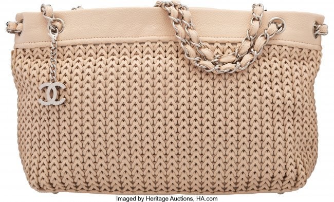 58033: Chanel Light Beige Woven Caviar Leather Shoulder in United