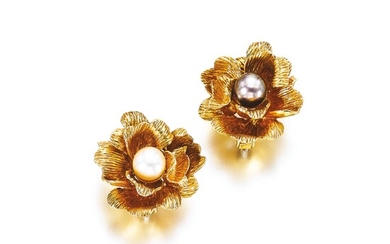 Pair of gold and cultured pearl ear clips, Chaumet