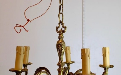 6 Arm French Empire Brass Chandelier with Oval Crystal Droplets